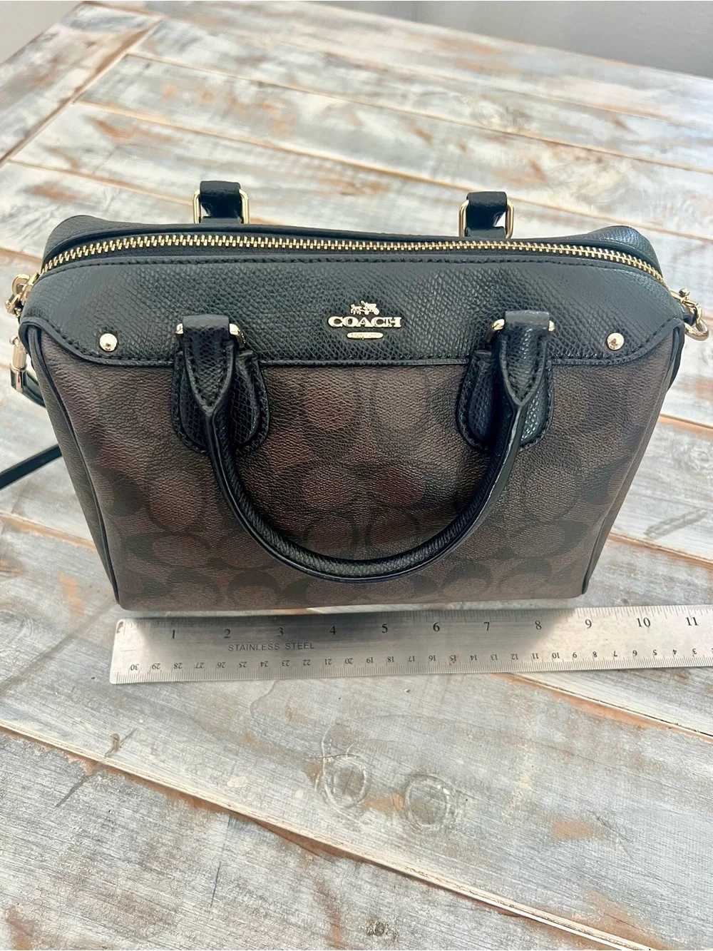 Coach Signature Satchel Top Handle Bag Brown Black Zip Closure Gold Hardware